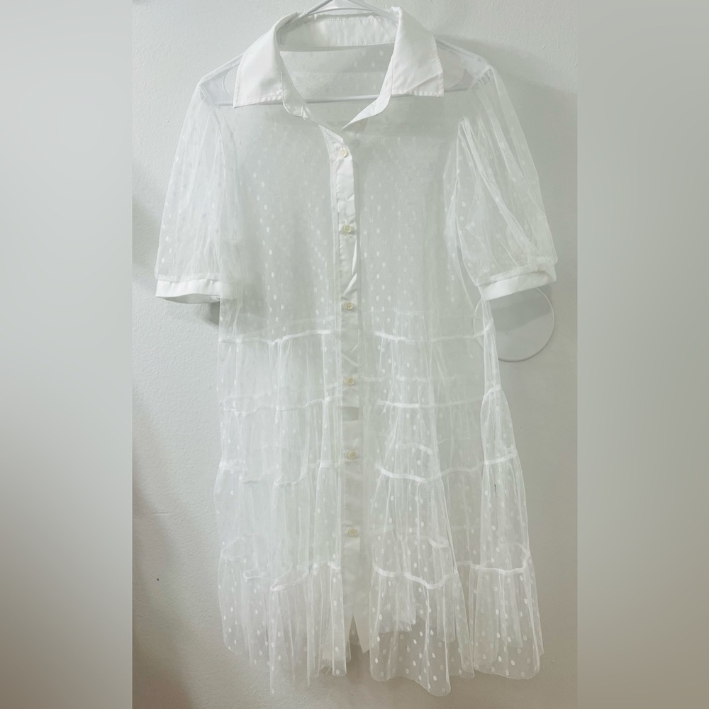 Forever 21 White Sheer Polka Dot Tiered Button-Down Dress